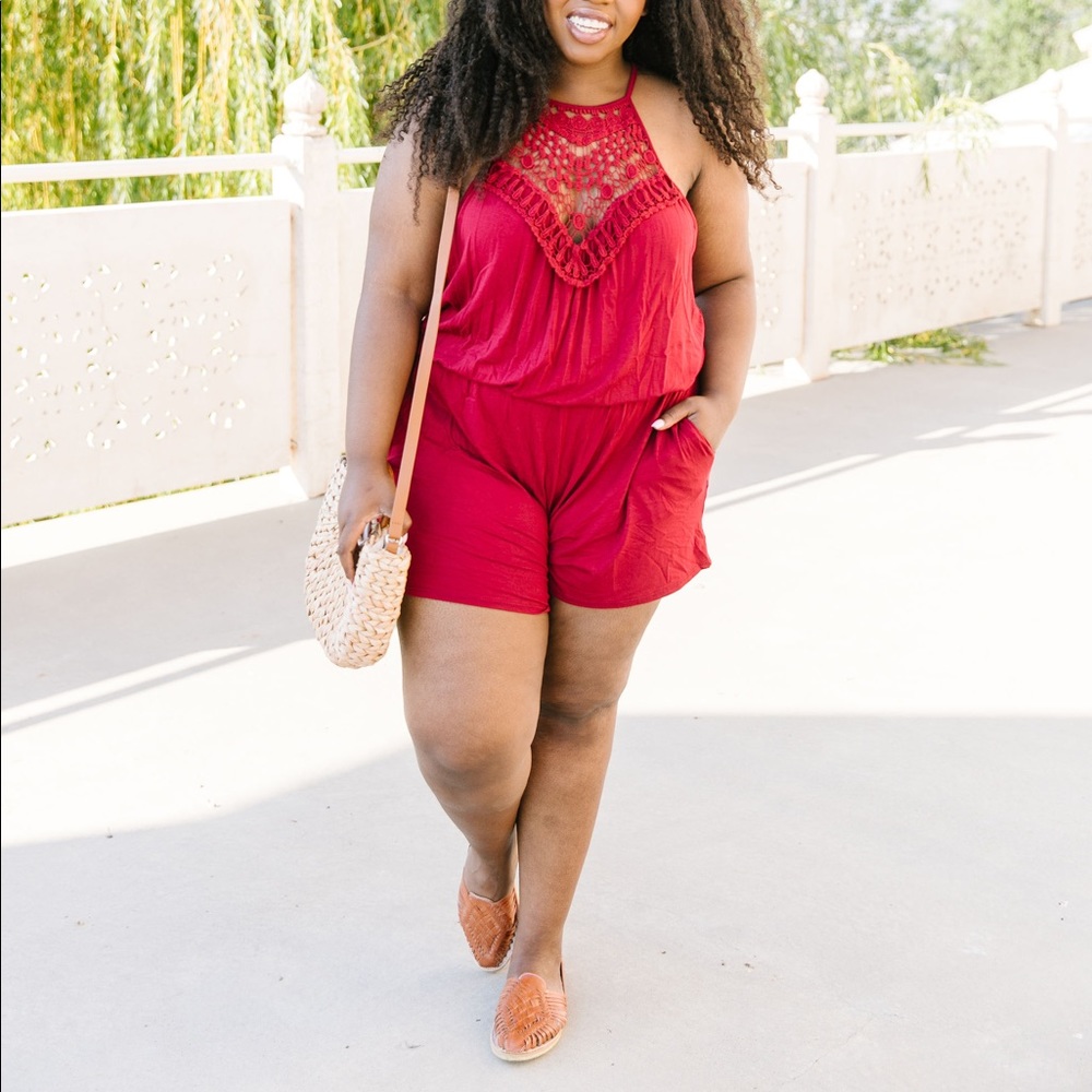 Lace Topped Romper in Wine - Picture 2 of 10